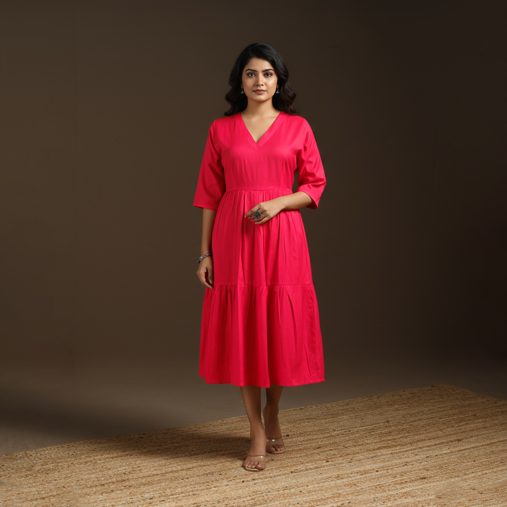 Pink - flex cotton tiered plain dress 09 - handcrafted