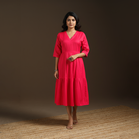 Pink - flex cotton tiered plain dress 09 - handcrafted