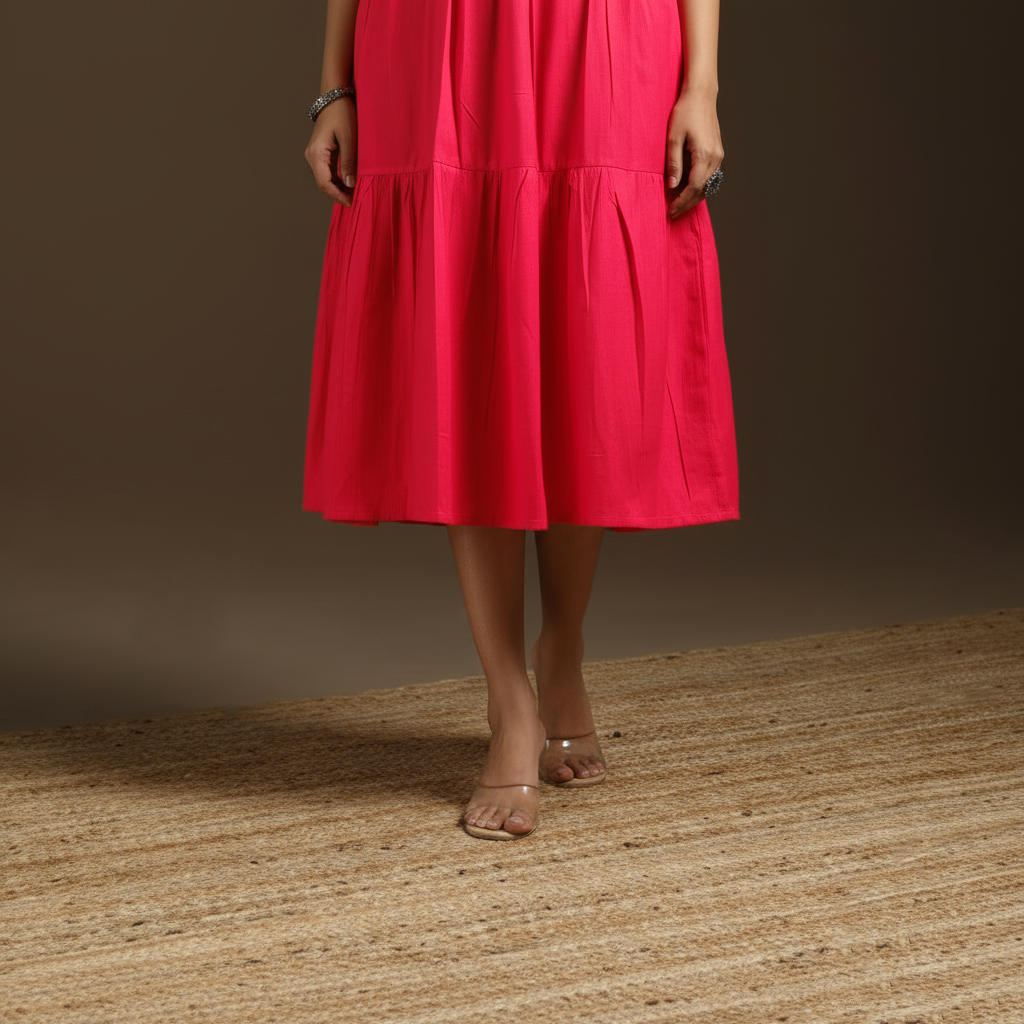 Pink - flex cotton tiered plain dress 09 - handcrafted