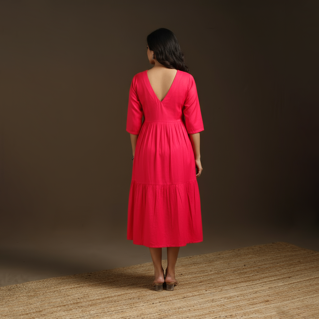 Pink - flex cotton tiered plain dress 09 - handcrafted
