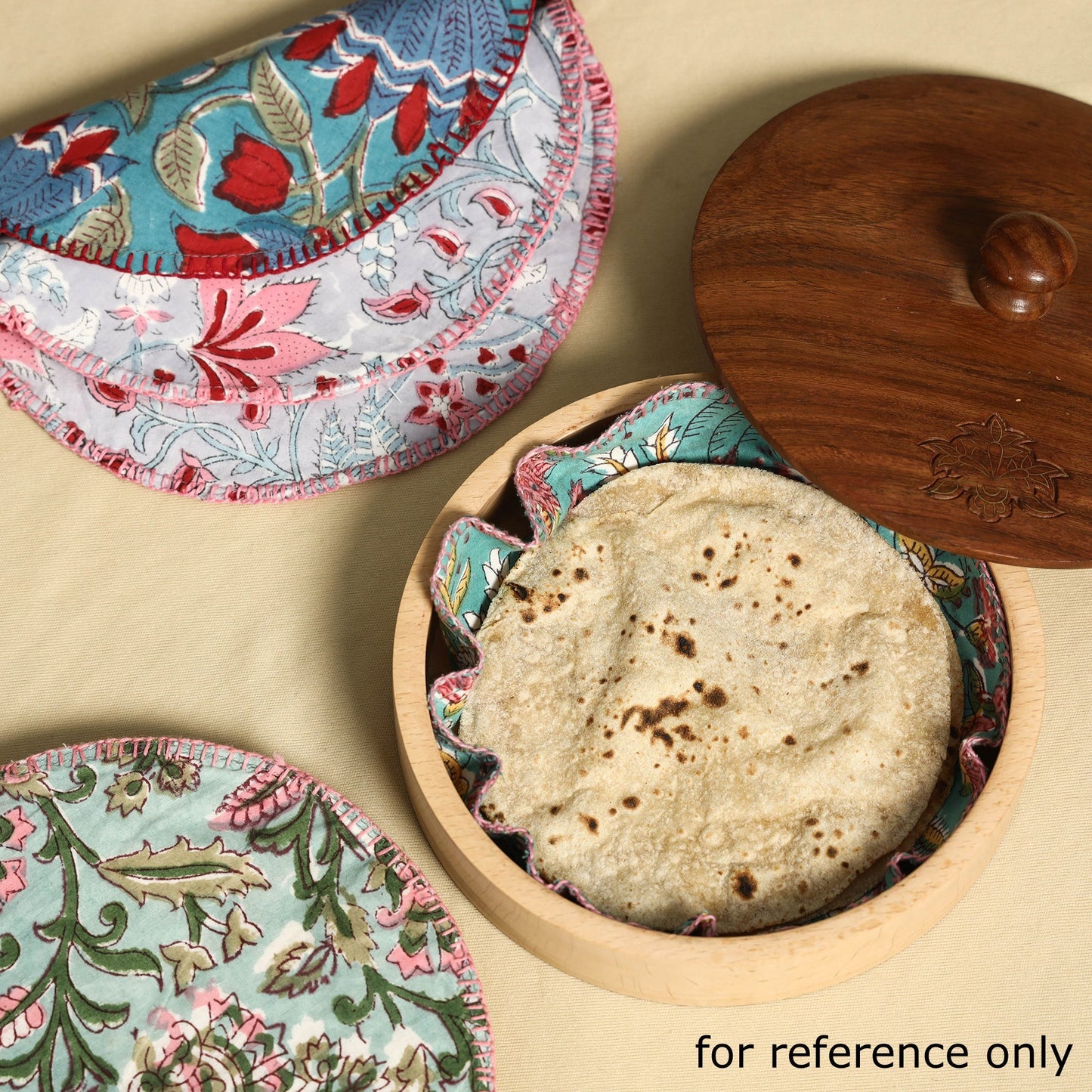 Pink Floral Block Print Hand Embroidery Roti Napkin