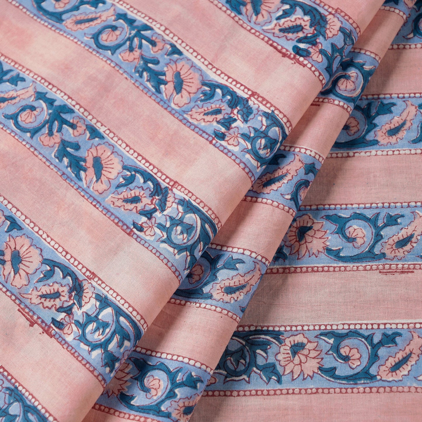 Pink floral border sanganeri block printed cotton fabric