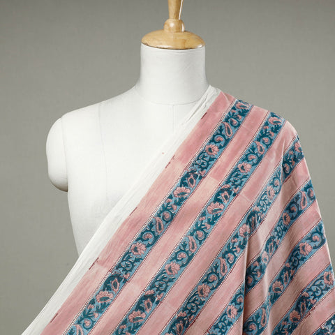 Pink floral border sanganeri block printed cotton fabric
