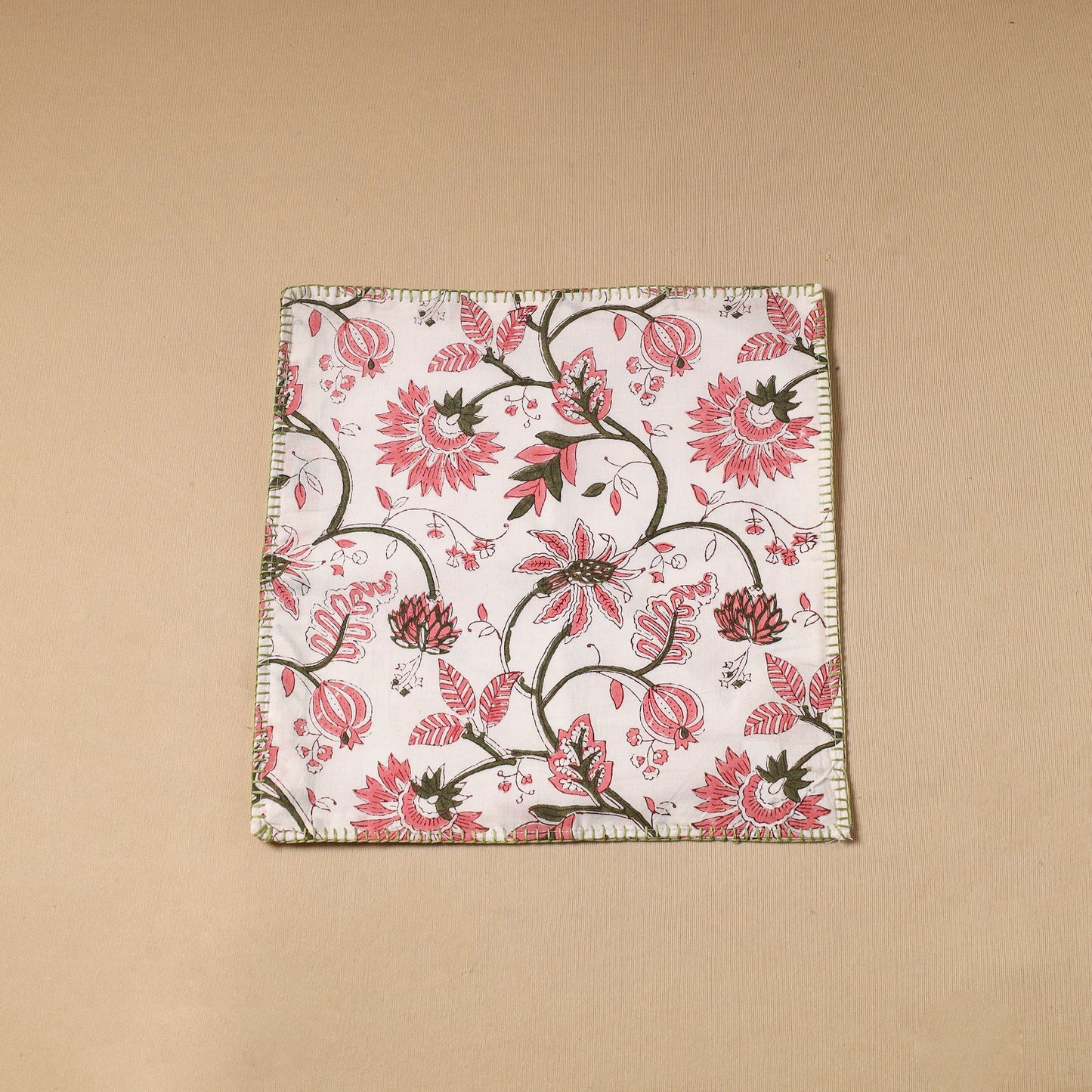 Pink Floral Block Print Cotton Hand Embroidery Table Napkin