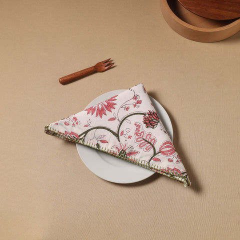 Pink Floral Block Print Cotton Hand Embroidery Table Napkin