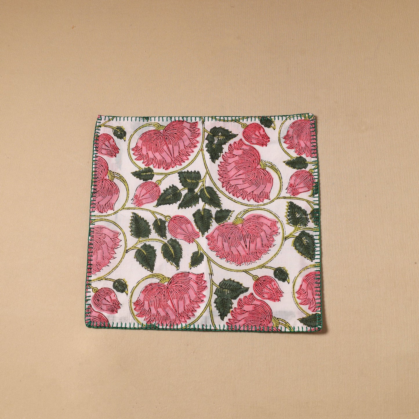 Pink Floral Block Print Cotton Hand Embroidery Table Napkin