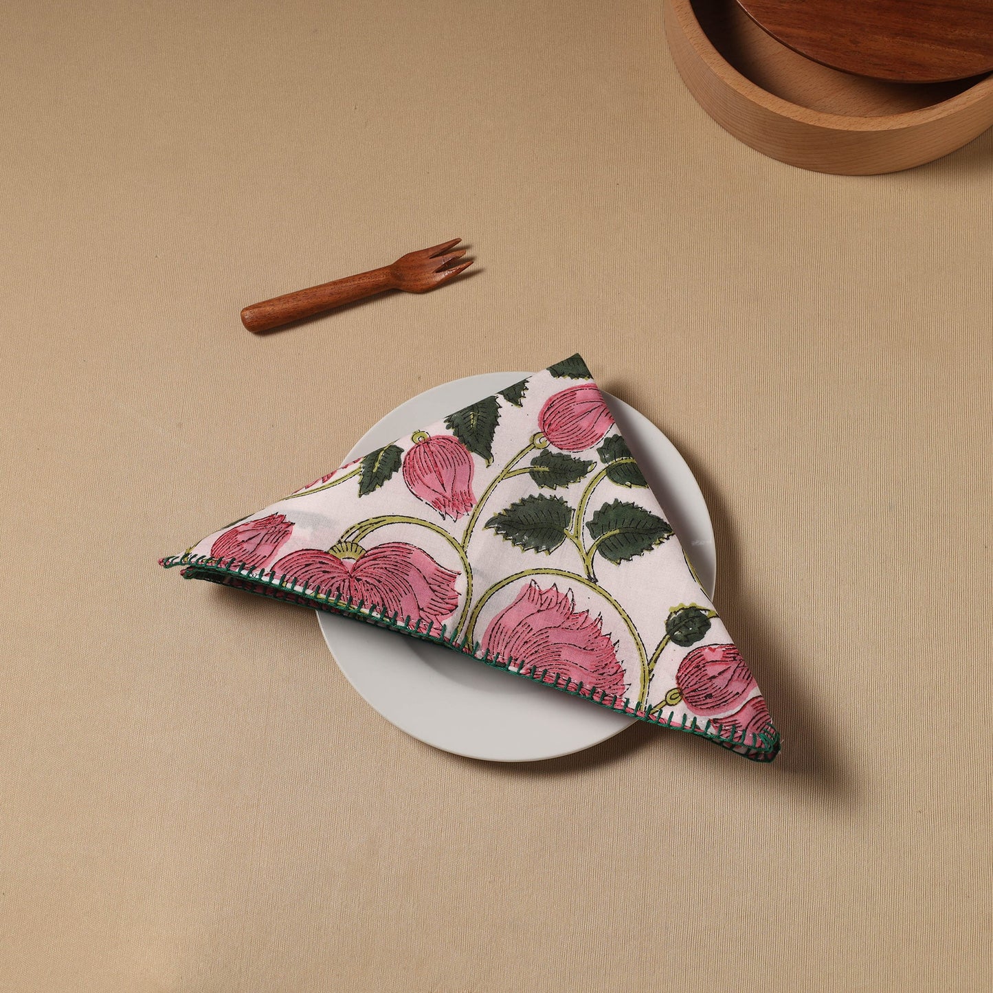 Pink Floral Block Print Cotton Hand Embroidery Table Napkin