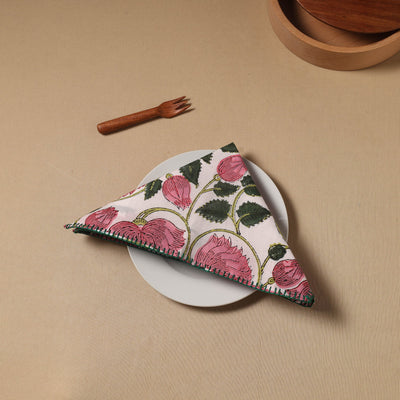 Pink Floral Block Print Cotton Hand Embroidery Table Napkin