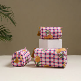 Floral hand block print quilted toiletry bags (set of 3) 09