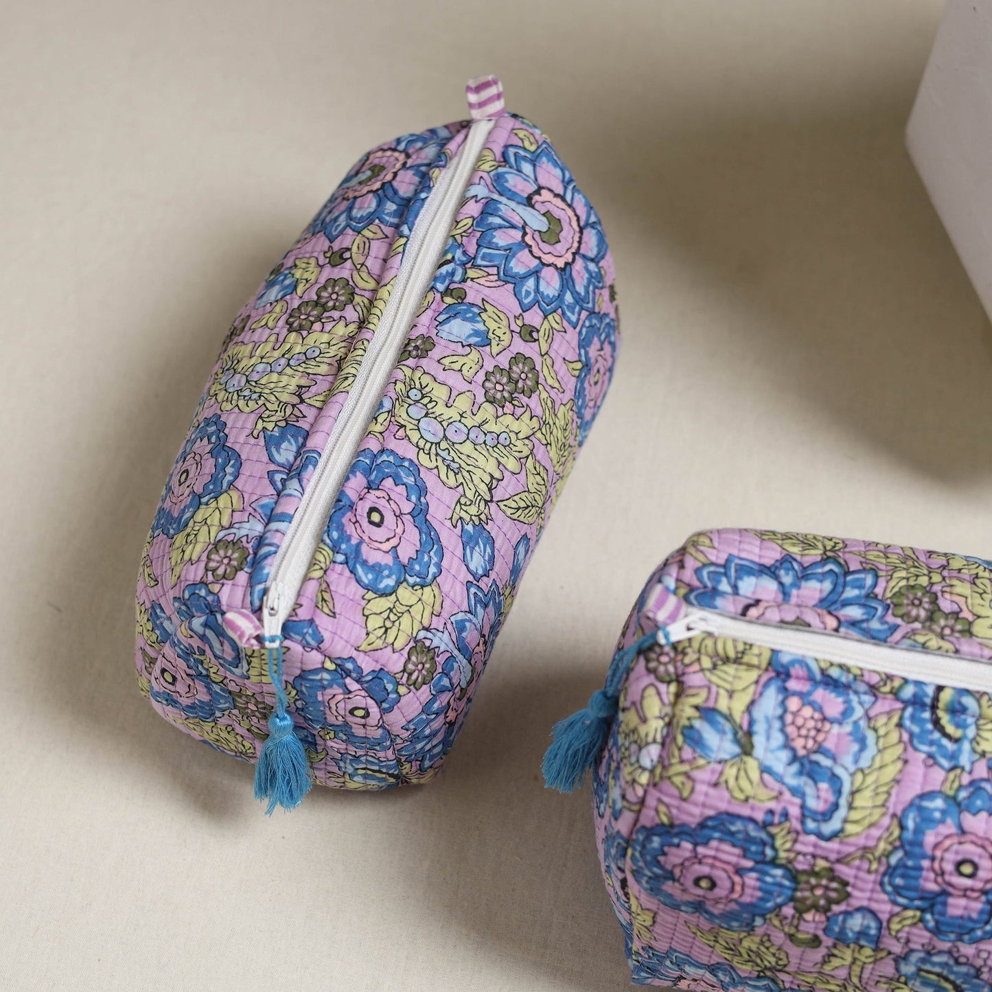 Floral hand block print quilted toiletry bags (set of 3) 28