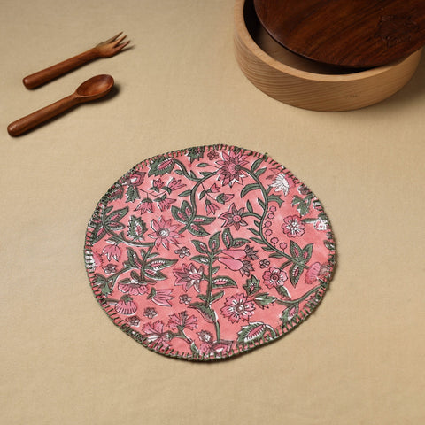 Pink Floral Block Print Hand Embroidery Roti Napkin