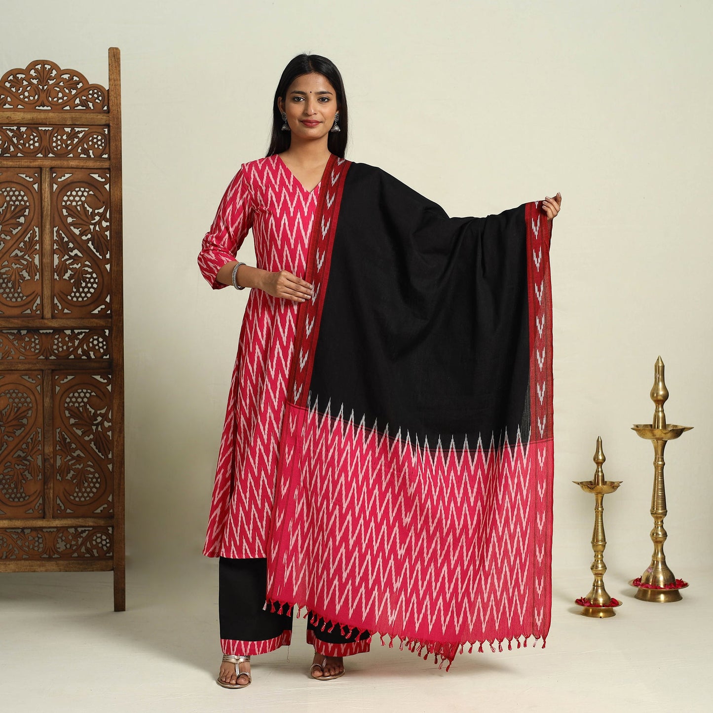 Buy Pink Frock Style Cotton Pochampally Ikat Kurta Set 