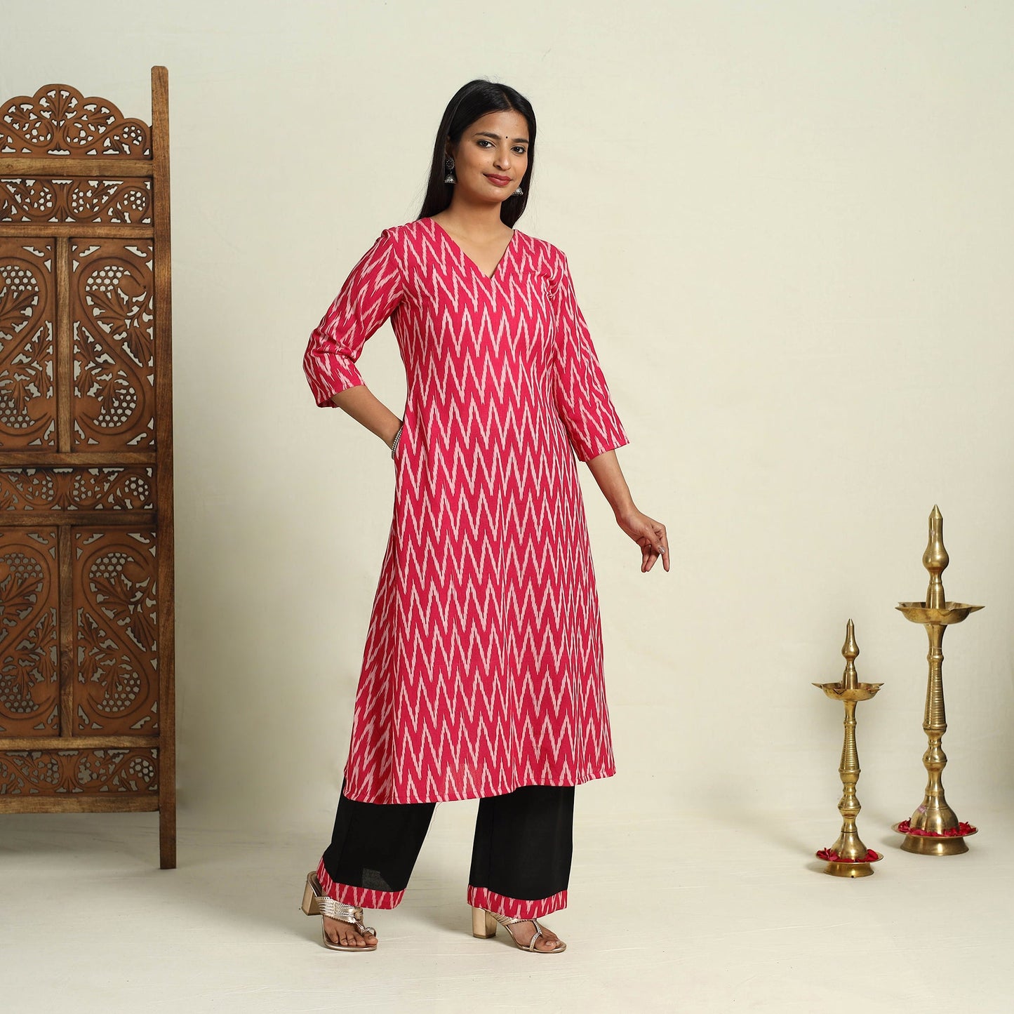 Buy Pink Frock Style Cotton Pochampally Ikat Kurta Set 