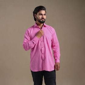 Pink Full Sleeve Slub Cotton Men Plain Shirt