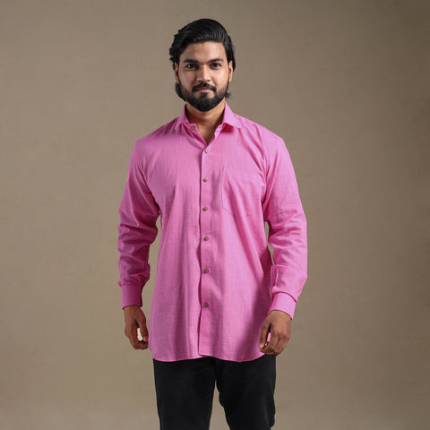Pink Full Sleeve Slub Cotton Men Plain Shirt