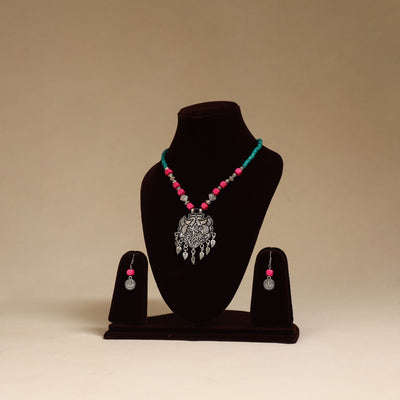 Pink - german silver beaded necklace set 04 - handcrafted