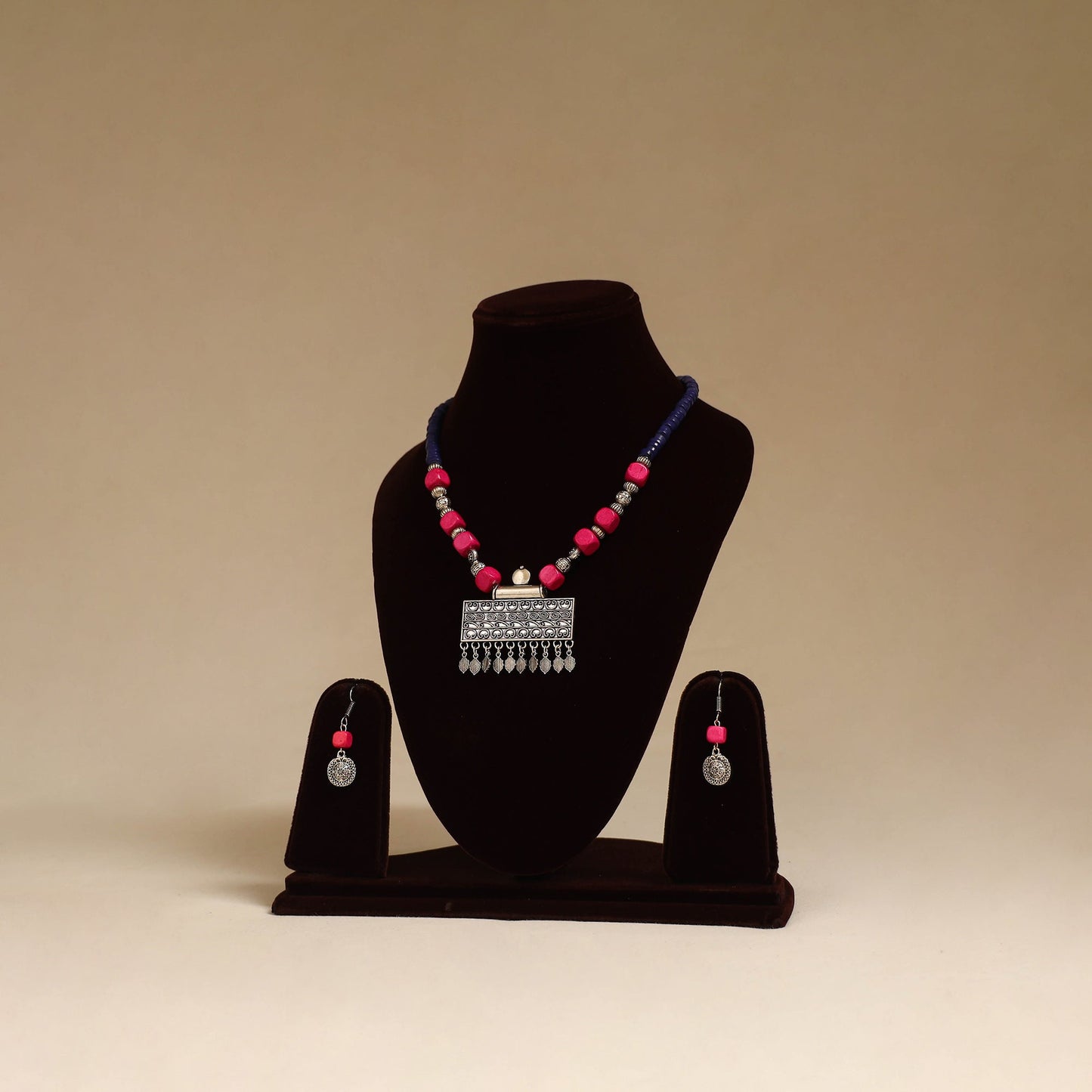 Pink - german silver beaded necklace set 08 - handcrafted