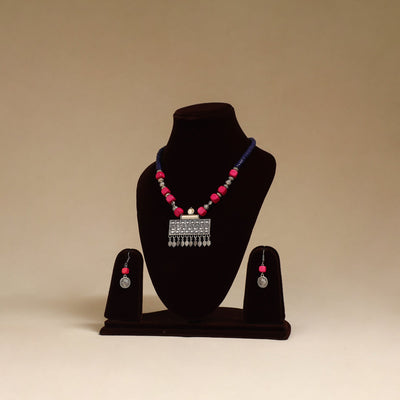 Pink - german silver beaded necklace set 08 - handcrafted