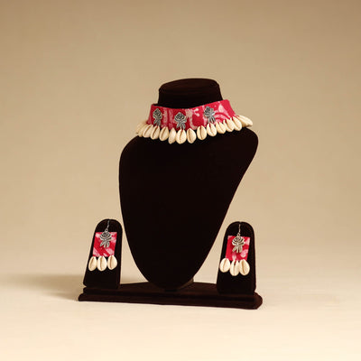 Pink - german silver fabart choker necklace set with shell