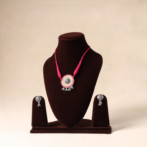 Pink German Silver Jute Necklace Set