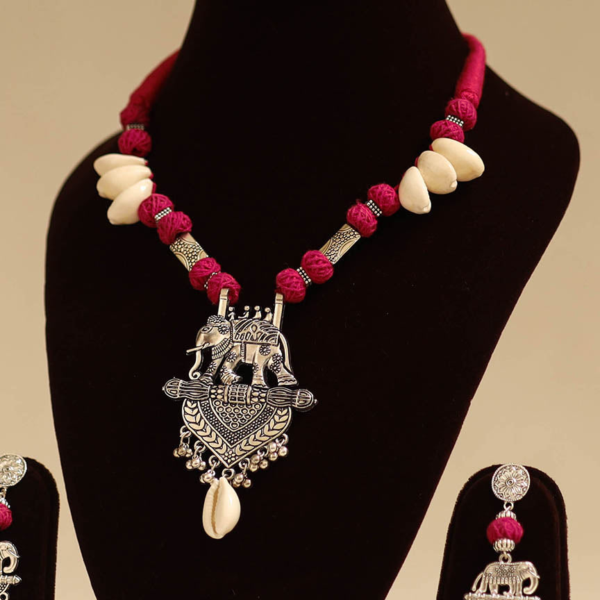 Pink - german silver necklace set with thread beads 07