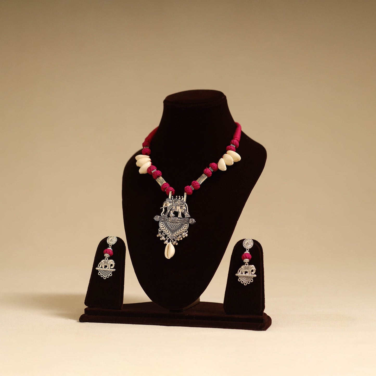 Pink - german silver necklace set with thread beads 07