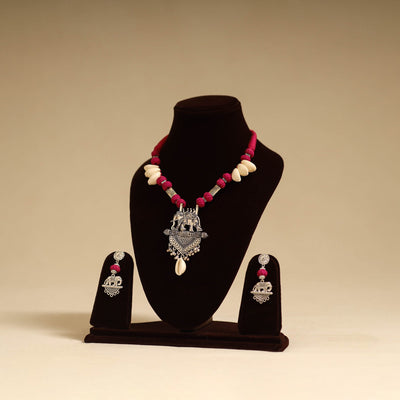 Pink - german silver necklace set with thread beads 07