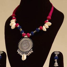 Pink - german silver necklace set with thread beads 08