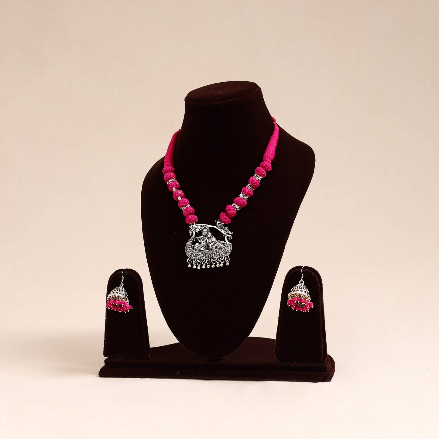 Pink German Silver Thread Beads Necklace Set