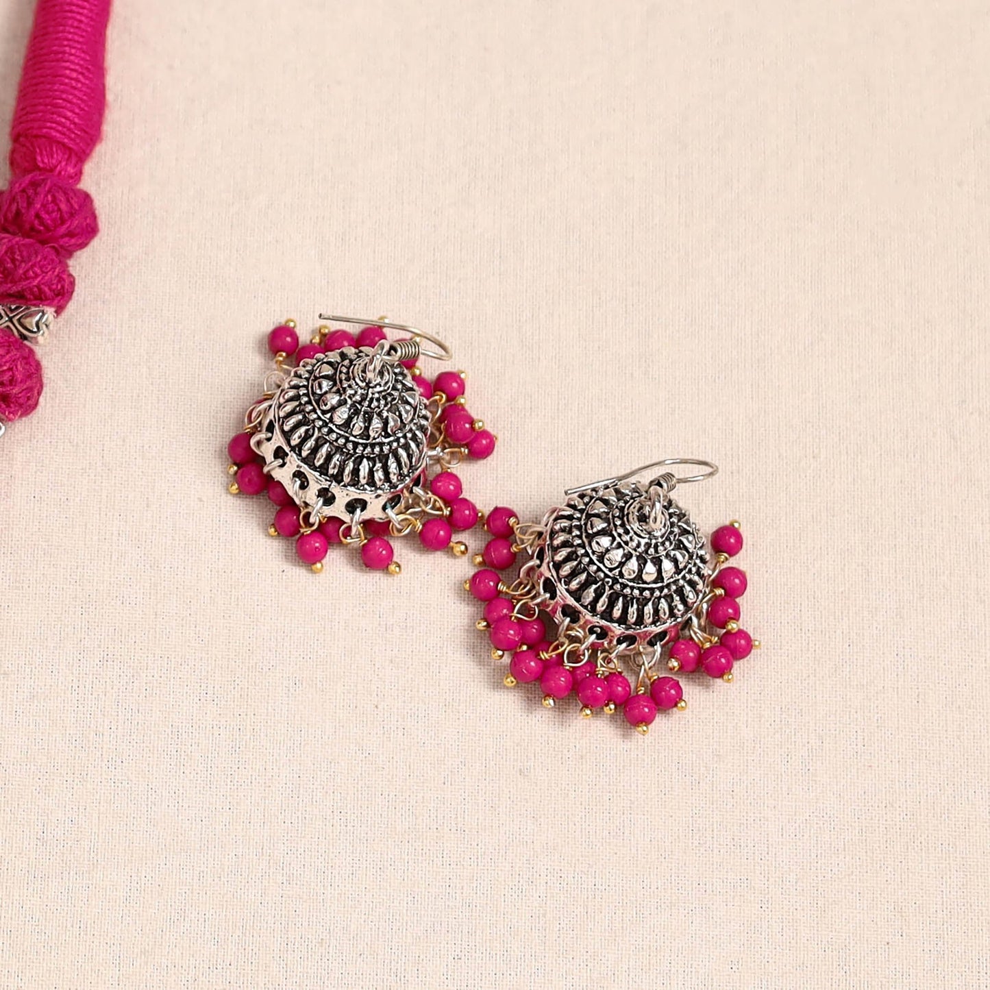 Pink German Silver Thread Beads Necklace Set