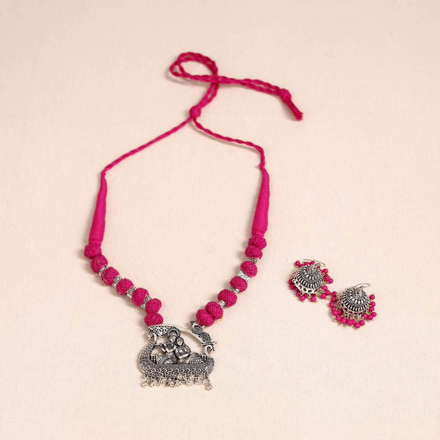 Pink German Silver Thread Beads Necklace Set