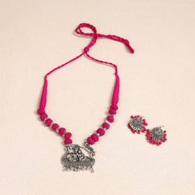 Pink German Silver Thread Beads Necklace Set