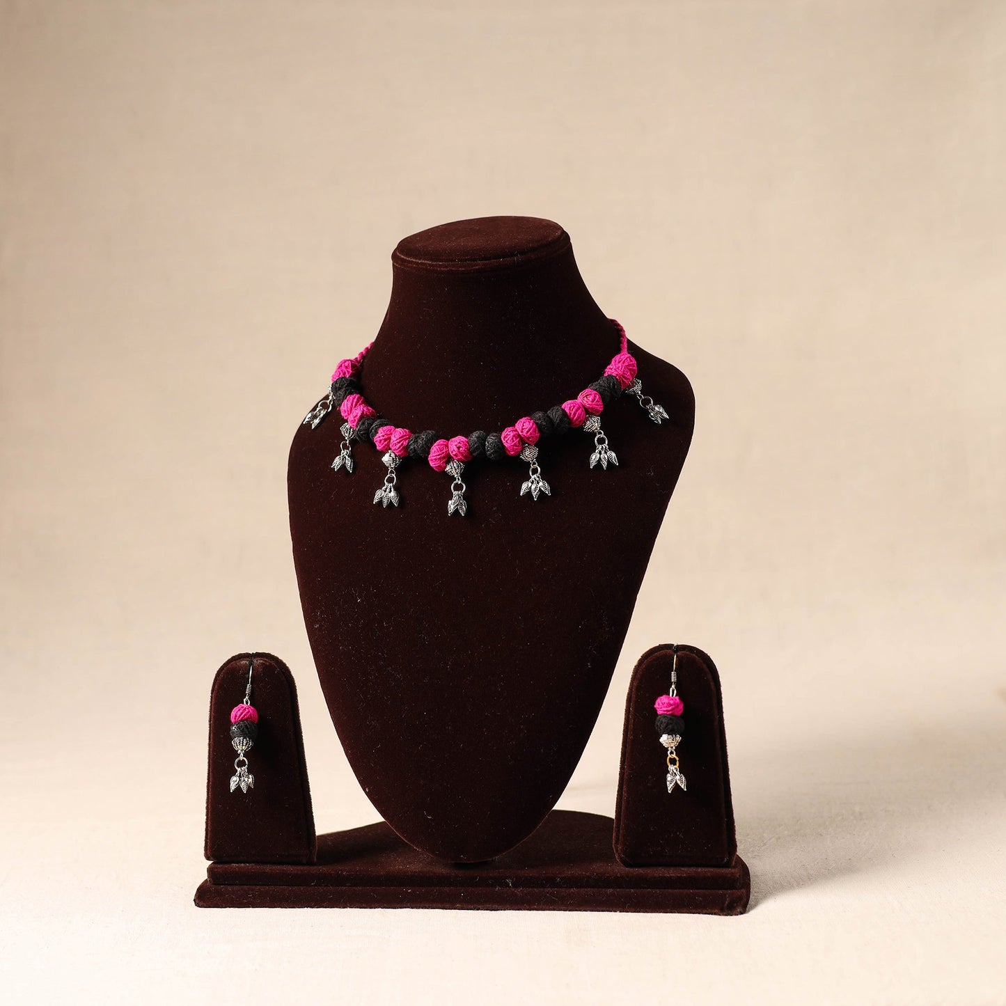 Pink German Silver Thread Beads Necklace Set