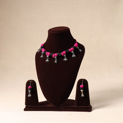 Pink German Silver Thread Beads Necklace Set