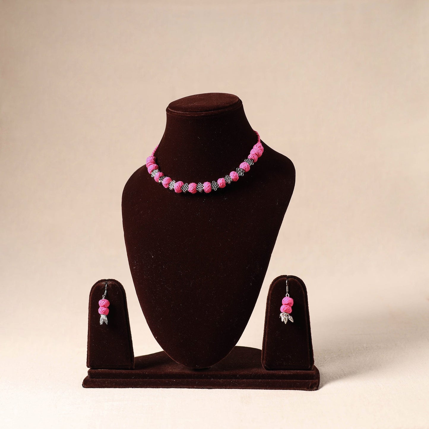 Pink German Silver Thread Beads Necklace Set