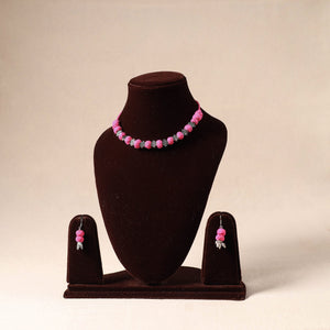Pink German Silver Thread Beads Necklace Set