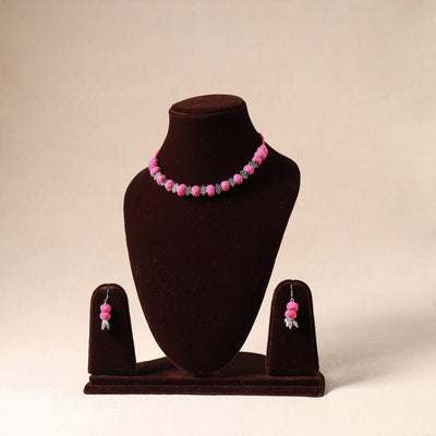 Pink German Silver Thread Beads Necklace Set