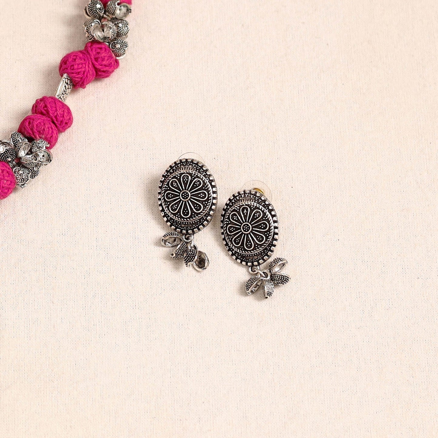 Pink German Silver Thread Beads Necklace Set