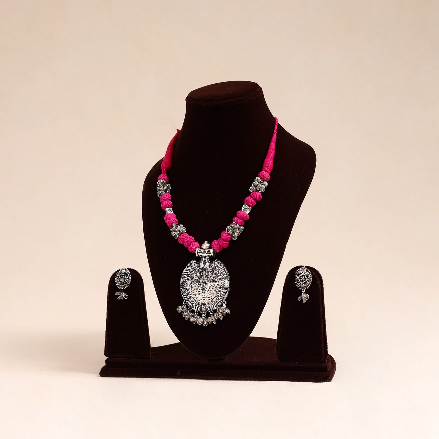 Pink German Silver Thread Beads Necklace Set