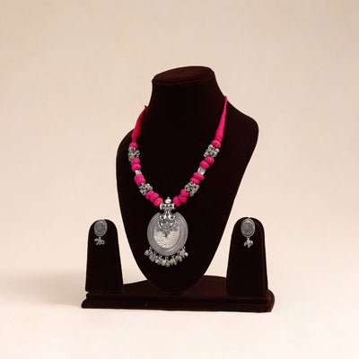 Pink German Silver Thread Beads Necklace Set