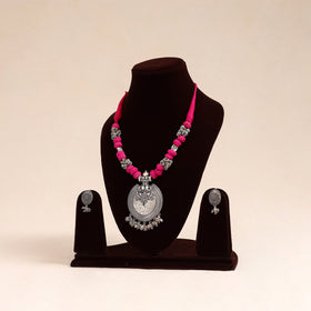 Pink German Silver Thread Beads Necklace Set