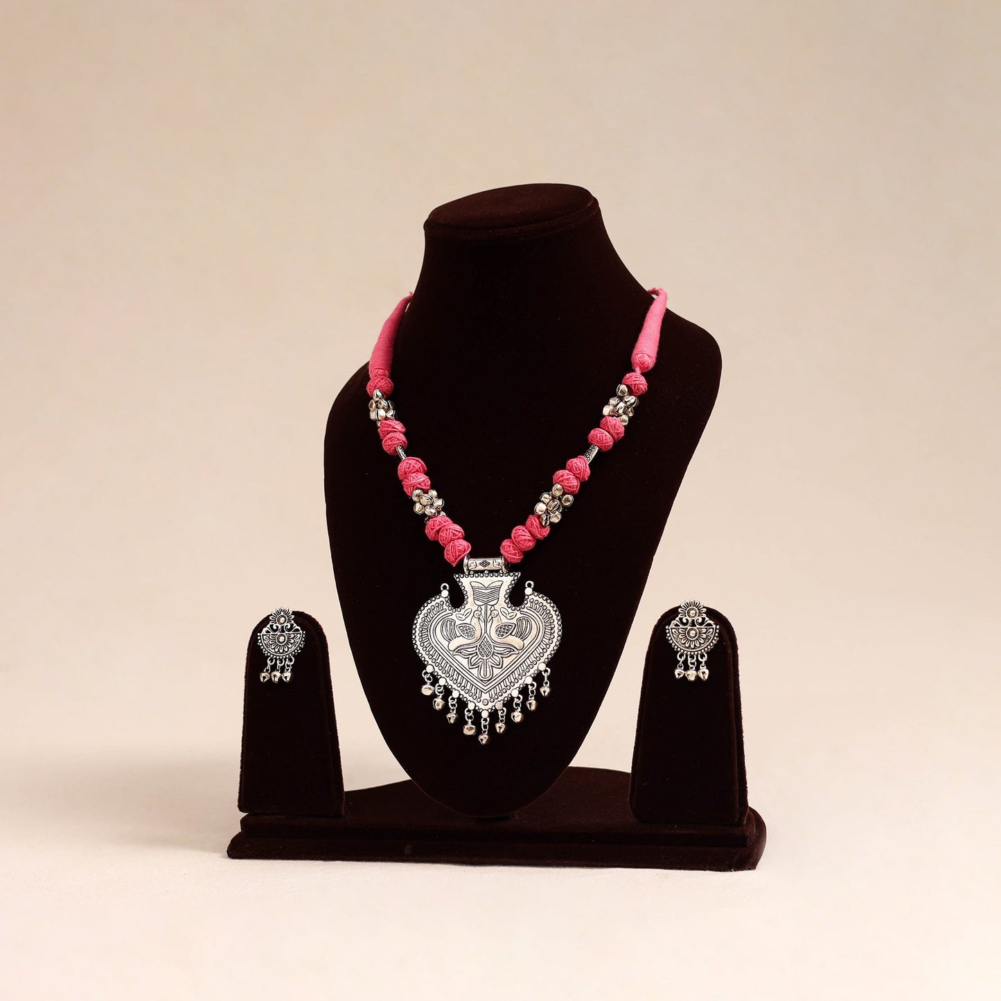 Pink German Silver Thread Beads Necklace Set