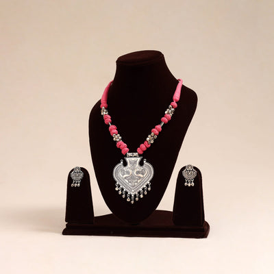 Pink German Silver Thread Beads Necklace Set