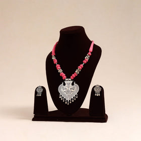 Pink German Silver Thread Beads Necklace Set