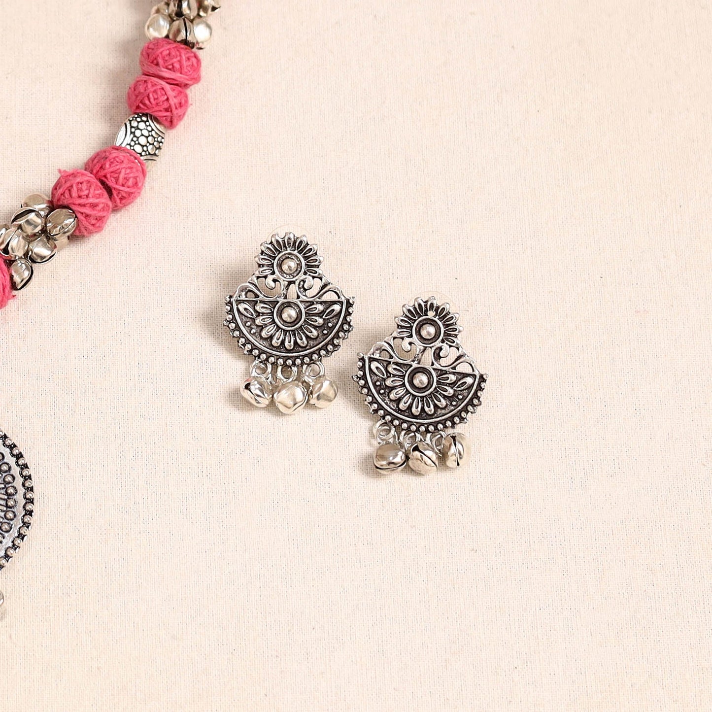 Pink German Silver Thread Beads Necklace Set