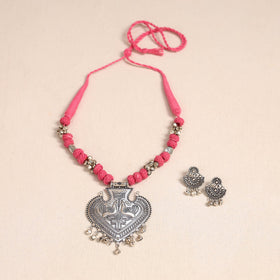 Pink German Silver Thread Beads Necklace Set