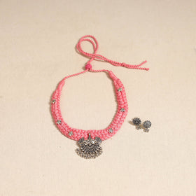 Pink - german silver thread braided necklace set 32