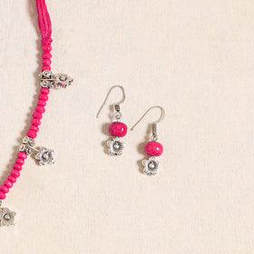Pink - german silver wooden beads necklace set 04