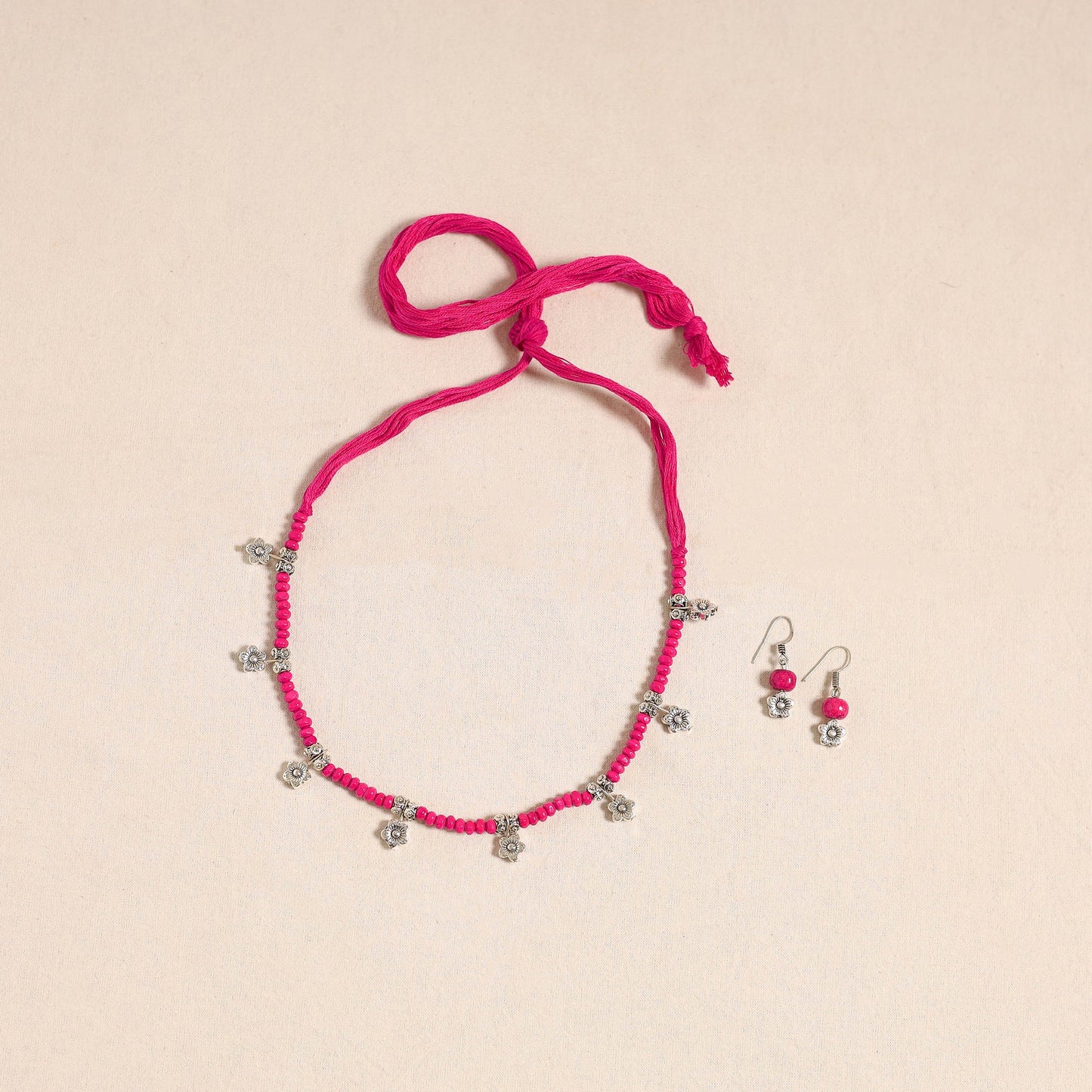 Pink - german silver wooden beads necklace set 04