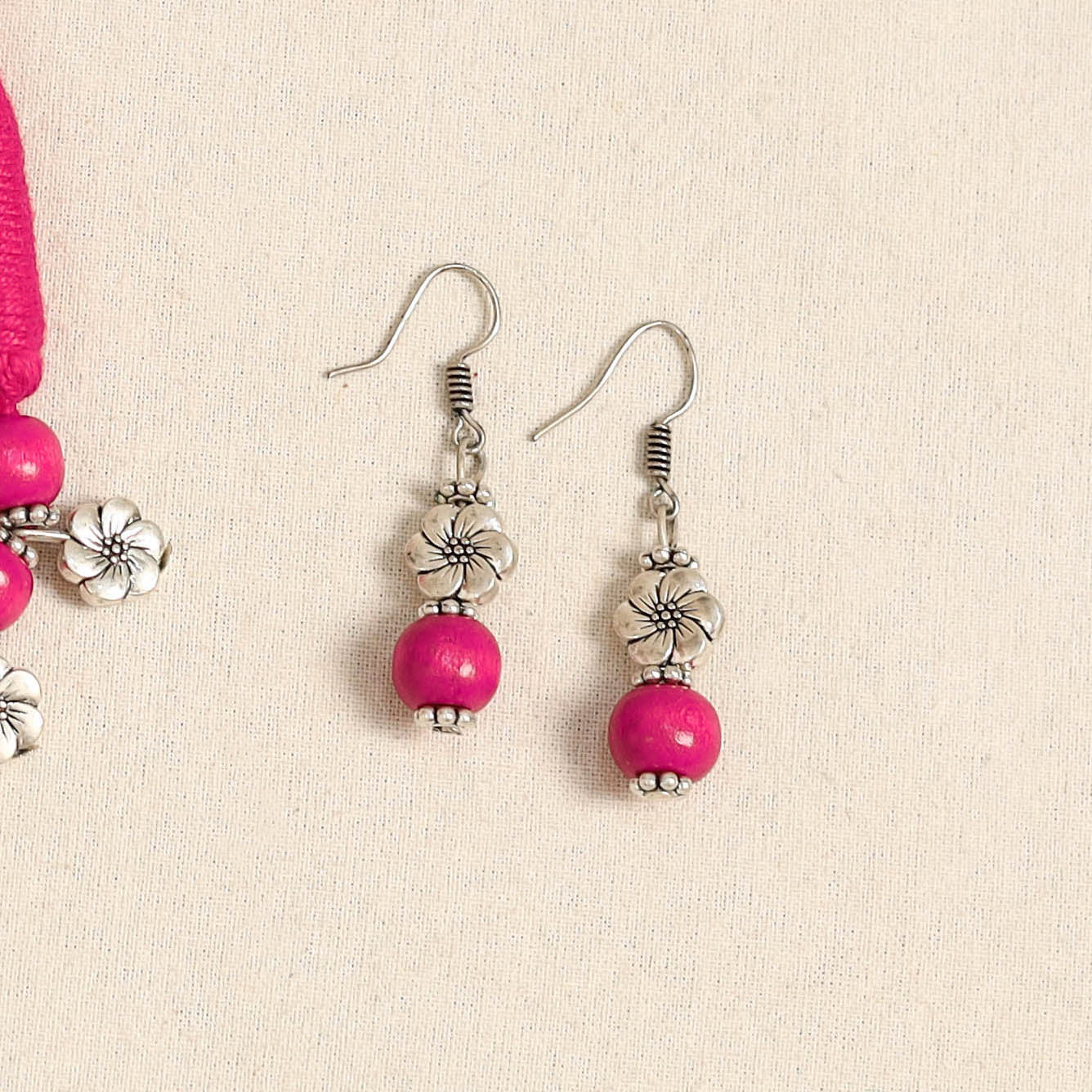 Pink - german silver wooden beads necklace set 40